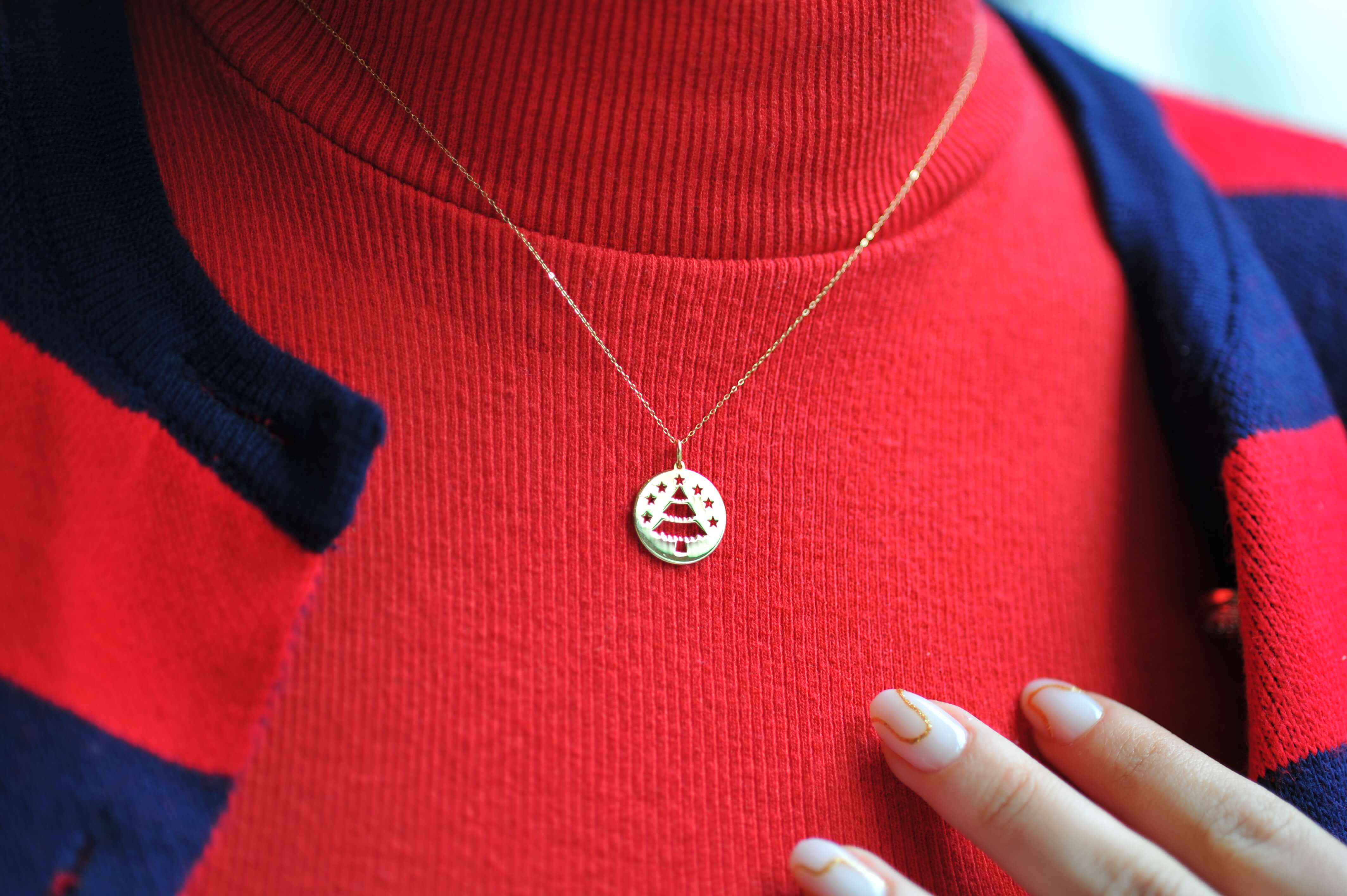 14K Solid Gold Evergreen Tree Necklace